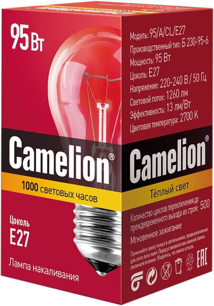 Изображение Лампочка 95Вт Е27 2700К Камелион груша прозрачная БЭЛЗ кор, 1 шт