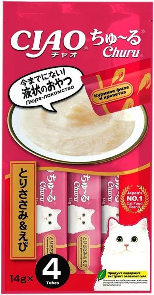 Изображение Лакомство для кошек Инаба Чао чуру курица креветка пюре Инаба фудз м/у, 56 г