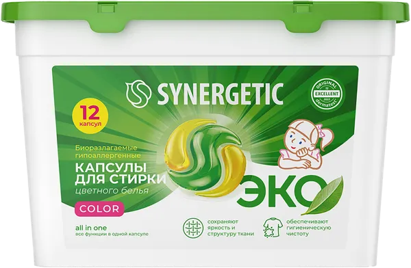 Изображение Капсулы для стирки Синергетик БИО колор цветное белье Синергетик п/у, 12 шт
