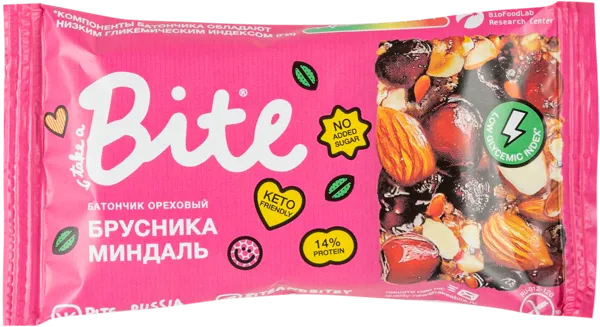 Изображение Батончик ореховый Байт брусника-миндаль Биофудлаб флоупак, 30 г