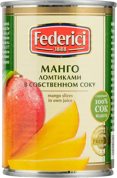 Изображение Манго в собственном соку Федричи Евровижн Тай Ко.Лтд ж/б, 420 г