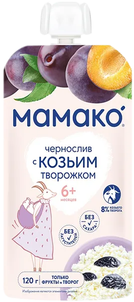 Изображение Пюре фруктовое с 6 мес Мамако чернослив козиий творог Фруктис пауч, 128 г