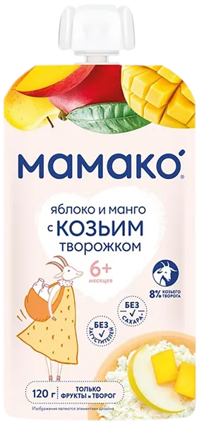 Изображение Пюре фруктовое с 6 мес Мамако яблоко манго козий творог Фруктис пауч, 128 г