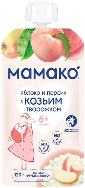 Изображение Пюре фруктовое с 6 мес Мамако яблоко персик козий творо Фруктис пауч, 128 г