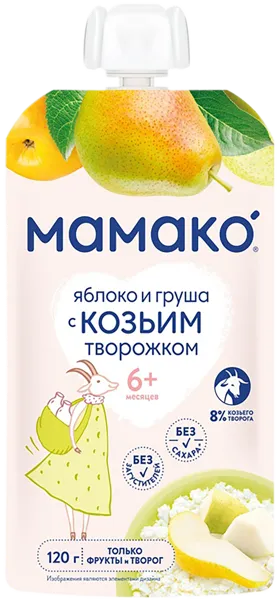 Изображение Пюре фруктовое с 6 мес Мамако яблоко груша козий творог Фруктис пауч, 128 г