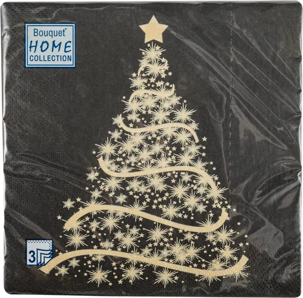 Изображение Салфетки 3х-слойные 33*33см Арт букет новый год ель на черном Русская Бумага м/у, 20 шт