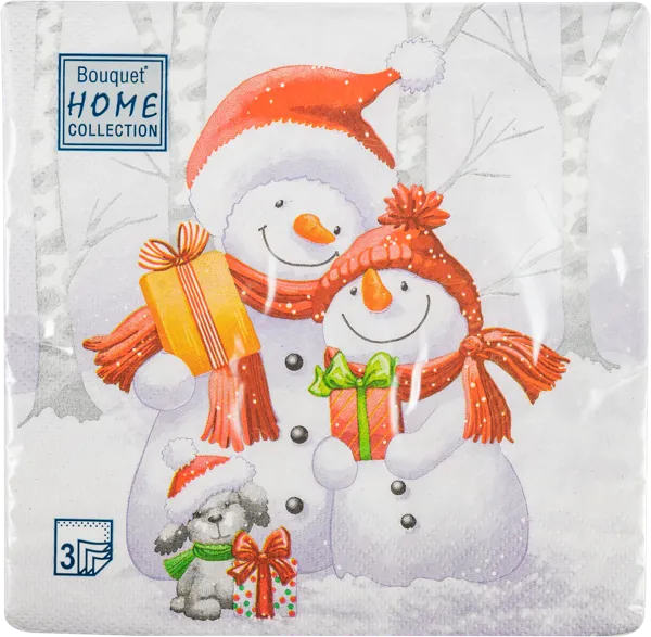 Изображение Салфетки 3х-слойные 33*33см Арт букет новый год снеговики Русская Бумага м/у, 20 шт