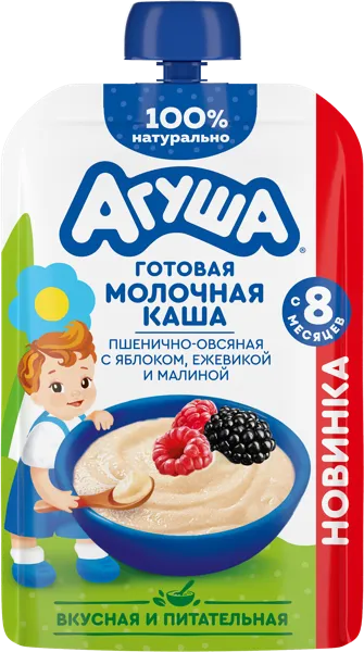 Изображение Каша с 8 мес с молоком Агуша яблоко ежевика малина ВБД пауч, 100 г