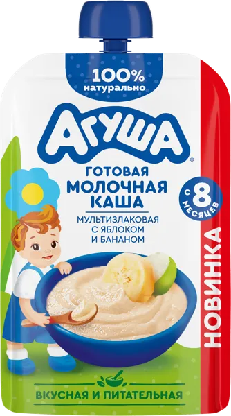 Изображение Каша с 8 мес с молоком Агуша яблоко банан ВБД пауч, 100 г