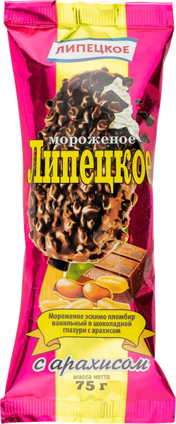 Изображение Мороженое с арахисом эскимо Липецкое пломбир в шок глазури Липецкий Хладокомбинат флоупак, 75 г