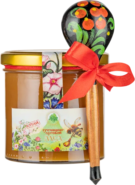 Изображение Мед гречишно-луговой Зеленая гора с ложечкой хохлома Экорегион ТД с/б, 400 г