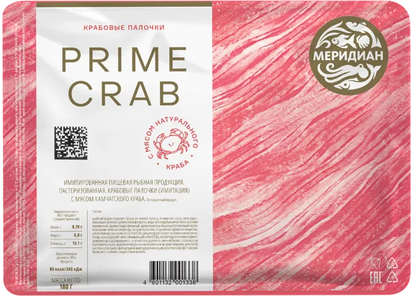 Изображение Продукция из сурими охлажд. Меридиан крабовые палочки прайм кр Меридиан ПКП в/у, 180 г