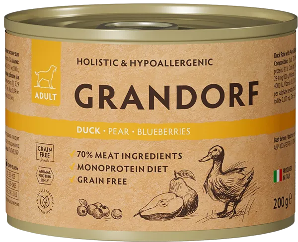 Изображение Консервы для собак Грандорф паштет утка груша черника Грандорф ж/б, 200 г