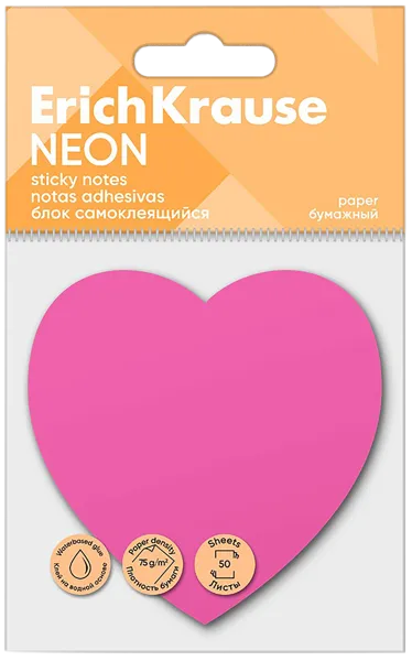 Изображение Блок 50л самоклеящийся Эрих Краузе неон розовый сердце Эрих Краузе м/у, 1 шт