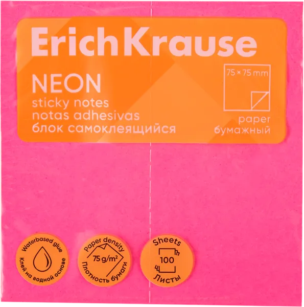 Изображение Блок 100л самоклеящийся Эрих Краузе неон розовый Эрих Краузе м/у, 1 шт