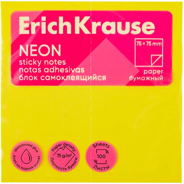 Изображение Блок 100л самоклеящийся Эрих Краузе неон желтый Эрих Краузе м/у, 1 шт