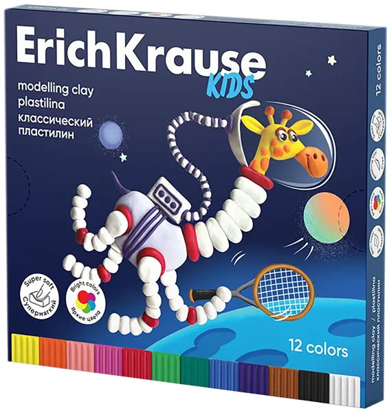 Изображение Пластилин 12 цветов со стеком Эрих Краузе кидс спейс энималс Эрих Краузе карт/уп, 1 шт