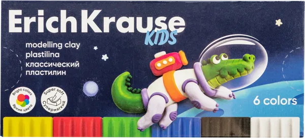 Изображение Пластилин 6 цветов со стеком Эрих Краузе кидс спейс энималс Эрих Краузе карт/уп, 1 шт