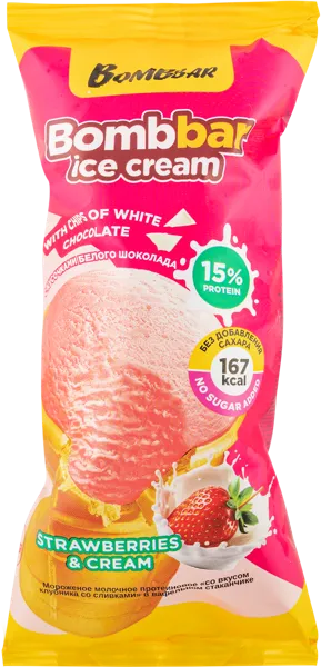 Изображение Мороженое молочное Бомббар клубничный крем протеин Фитнес Фуд стакан, 150 г