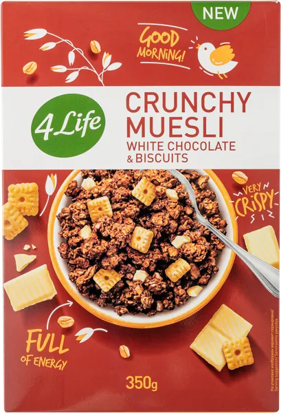 Изображение Мюсли цельнозерновые овсяные 4 Лайф белый шоколад печенье Могадор к/у, 350 г