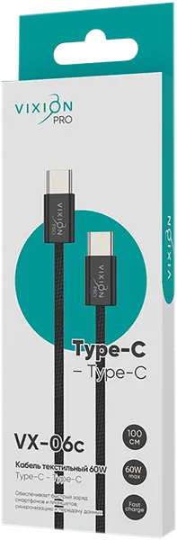 Изображение Кабель 1м черный текстильный Виксион тайп-с VX-06c 60W Дунгуань Пуджи Электроник карт/уп, 1 шт