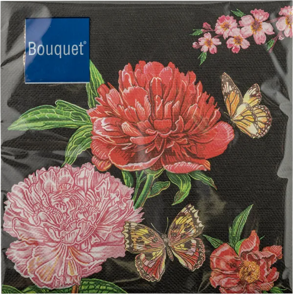 Изображение Салфетки 3х слойные Букет хоум коллекшн классик пионы начерном 33*33см Русская Бумага м/у, 20 шт