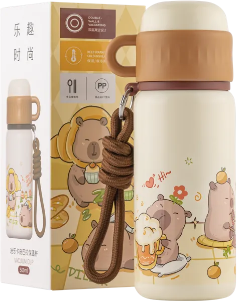 Изображение Термос 500мл стальной Диллер капибара со шнурком Диллер к/у, 1 шт