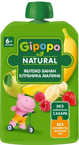 Изображение Пюре с 6 мес Гипопо яблоко банан малина Иваново пауч, 90 г