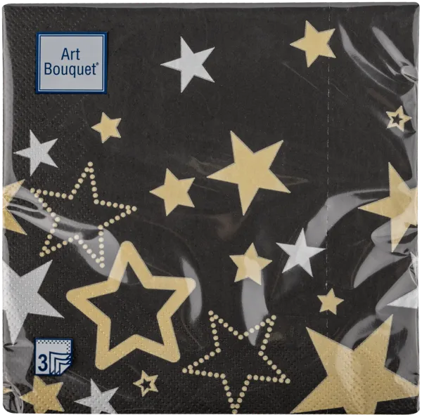 Изображение Салфетки 3х-слойные Арт букет новый год звёзды на чёрном 33*33см Русская Бумага м/у, 20 шт