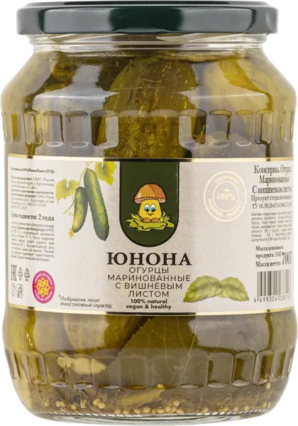 Изображение Огурцы маринованные Юнона с вишневым листом Юнона Инвест с/б, 700 г
