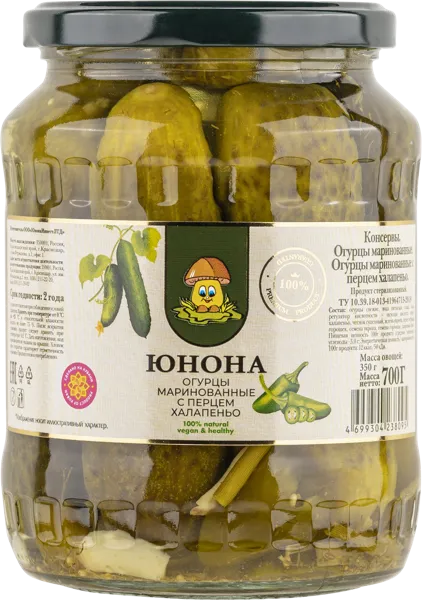 Изображение Огурцы маринованные Юнона с перцем халапенью Юнона Инвест с/б, 700 г