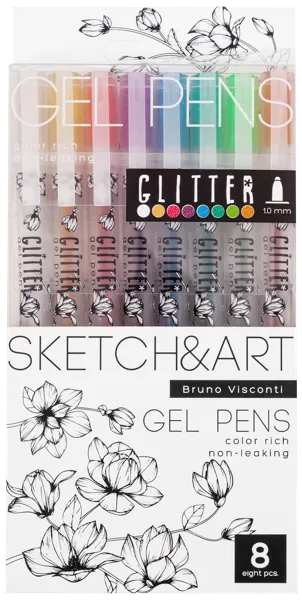 Изображение Ручки 1мм цветные гелевые Бруно Висконти уни райт глиттер Джи Си Эф Индастри к/у, 8 шт