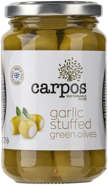 Изображение Оливки с чесноком Карпос Халкидики зеленые Хигас Георгиадис с/б, 355 г
