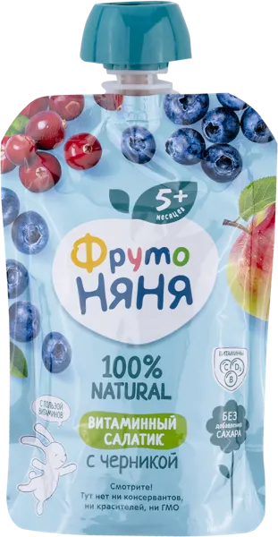 Изображение Пюре фруктовое с 5 месяцев Фрутоняня Витаминный салатик черник Прогресс пауч, 90 г
