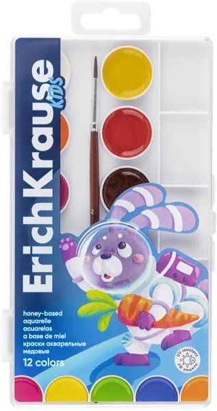 Изображение Краски 12 цветов акварель Эрих Краузе спейс энималс с кистью Эрих Краузе к/у, 1 шт