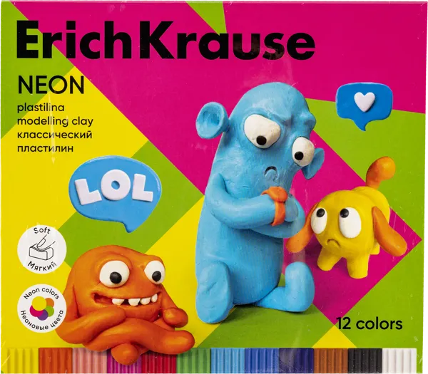 Изображение Пластилин 12 цветов со стеком Эрих Краузе джолли френдс неон Эрих Краузе к/у, 1 шт