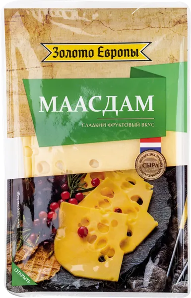 Изображение Сыр 45% нарезка Золото Европы маасдам Невские сыры м/у, 125 г