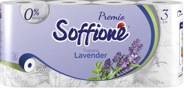 Изображение Туалетная бумага 3х слойная Соффионе премиум лаванда 150 листов Архбум м/у, 8 шт