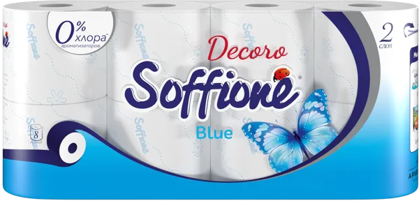 Изображение Туалетная бумага 2х слойная Соффионе декоро блю 150 листов Архбум м/у, 8 шт