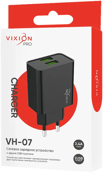 Изображение Зарядное устройство сетевое Виксион 2 разъема VH-07 черное Дунгуань Пуджи Электроник к/у, 1 шт