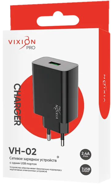 Изображение Зарядное устройство сетевое Виксион 1 разъем VH-02 черное Дунгуань Пуджи Электроник к/у, 1 шт