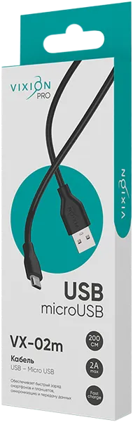Изображение Кабель 2м черный Виксион лайтнинг микро юсб VX-02m Дунгуань Пуджи Электроник к/у, 1 шт