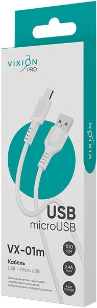 Изображение Кабель 1м белый Виксион юсб микроюсб VX-01m Дунгуань Пуджи Электроник к/у, 1 шт