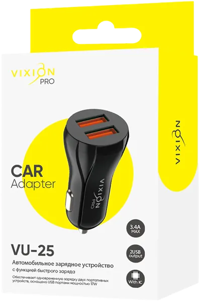 Изображение Адаптер для авто черный Виксион 2 разъема юсб VU-25 быстр Дунгуань Пуджи Электроник к/у, 1 шт