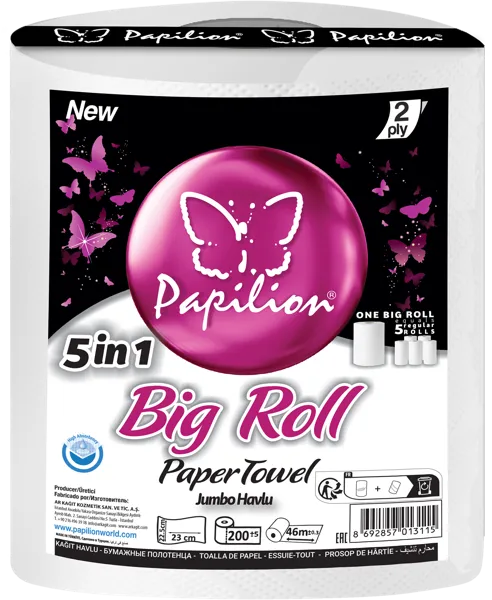 Изображение Полотенце бумажное 2х сл Папильон джамбо 5в1 200 листов Ар Кагит м/у, 1 шт