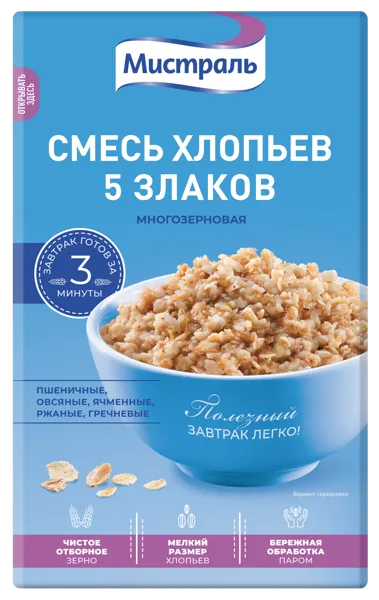 Изображение Хлопья ассорти Мистраль 3 мин 5 Злаков Мистраль Трейдинг к/у, 400 г