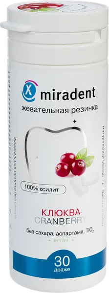 Изображение Резинка жевательная Мирадент ксилитол 100% клюква Джиахем Дентбио п/у, 30 шт