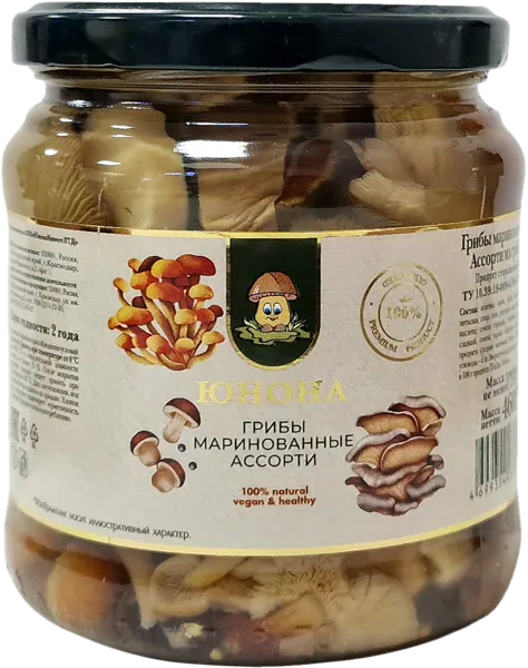 Изображение Грибы маринованные Юнона ассорти Юнона Инвест с/б, 460 г