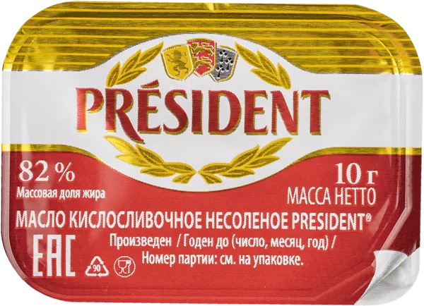 Изображение Масло 82% Президент кисло-сливочное несоленое Ляховичский МЗ дип-пот, 10 г