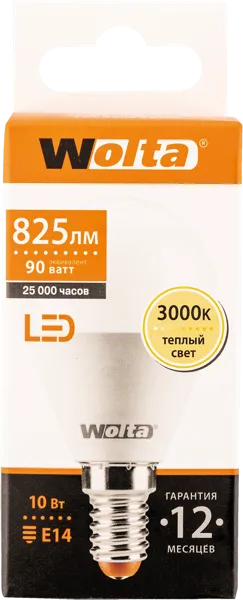 Изображение Лампочка 10Вт Е14 3000К Вольта светодиодная шар Вольта к/у, 1 шт
